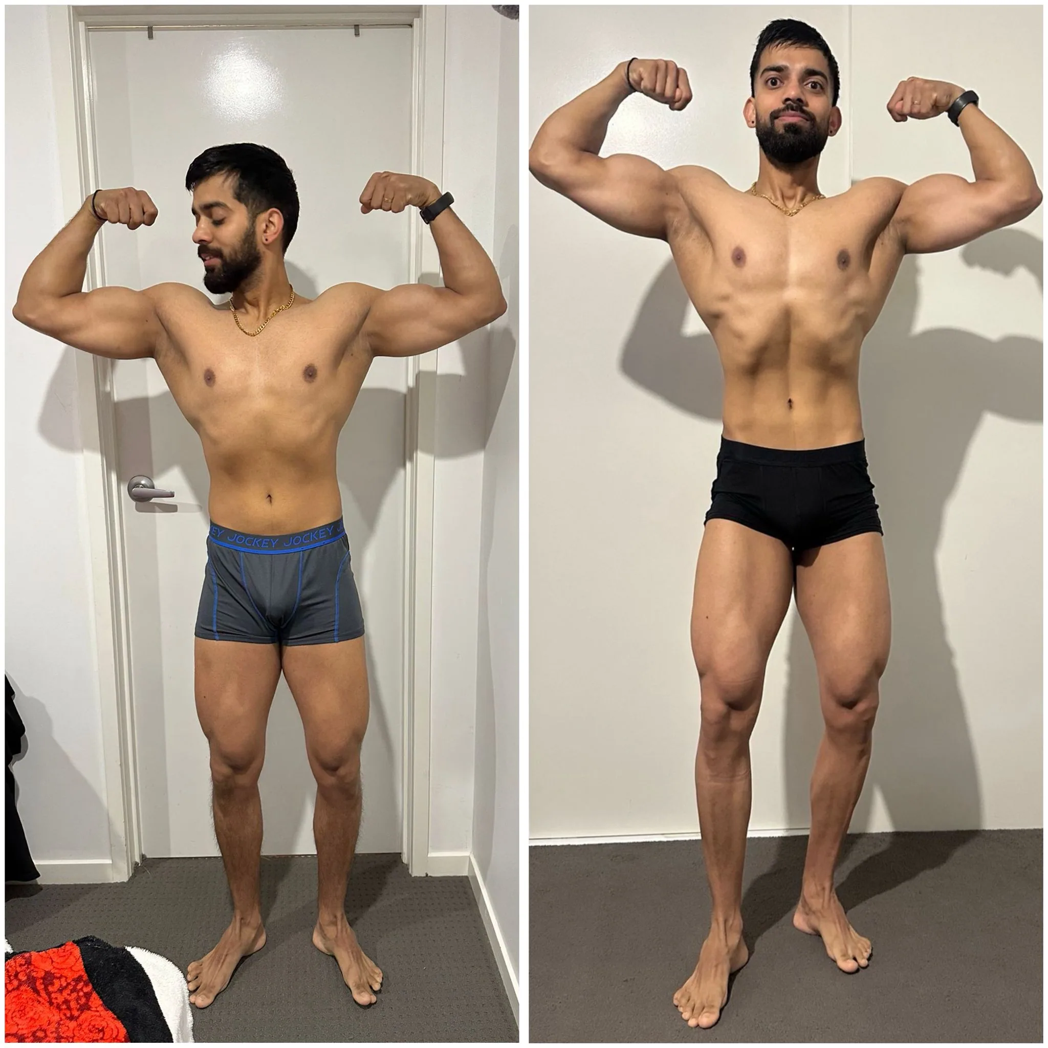 Client body recomposition over one year, gaining 2 kilograms while becoming visibly leaner