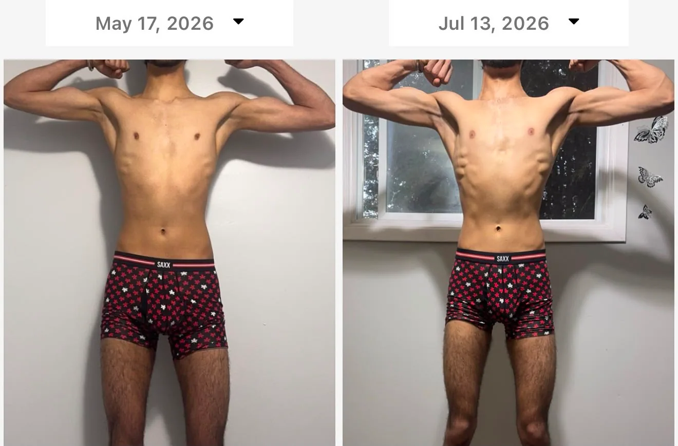 Client front-pose transformation over eight weeks of coaching