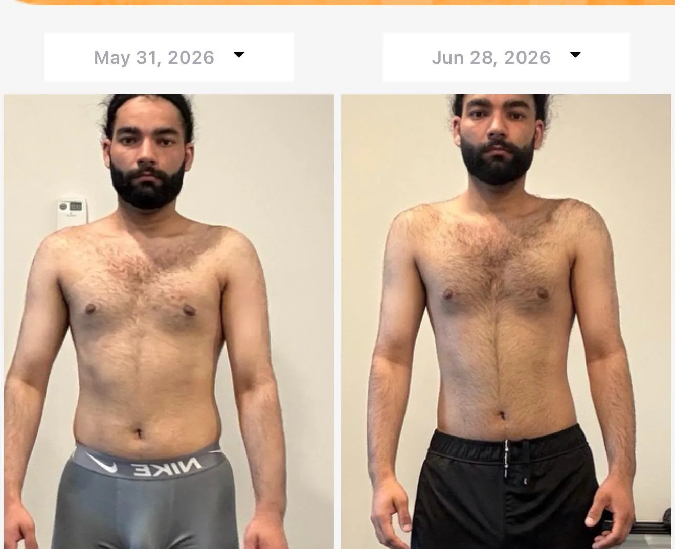 Client front-view transformation over four weeks of coaching