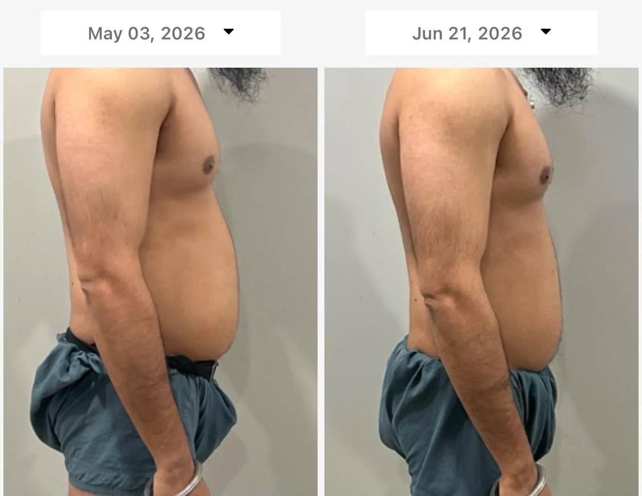 Client full side-profile transformation over seven weeks of coaching