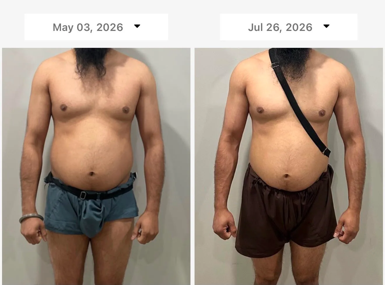 Client front-view transformation over twelve weeks of coaching